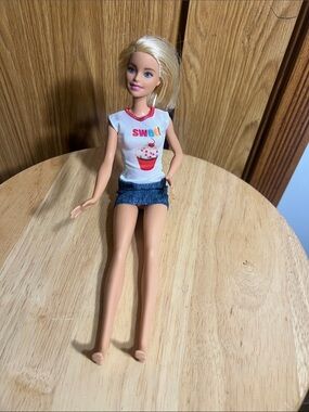 Mattel Blonde Barbie Doll in White Cupcake Tee and Blue Denim Skirt